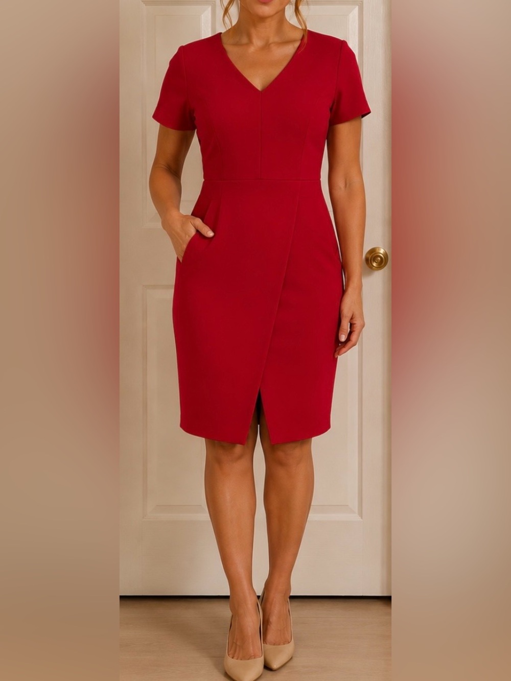 Elie Tahari Red Faux-Wrap Pencil Skirt Dress